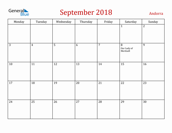 Andorra September 2018 Calendar - Monday Start