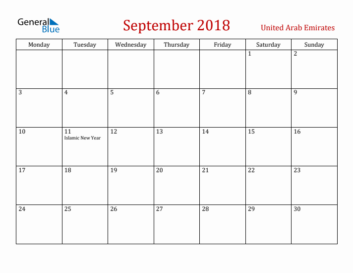 United Arab Emirates September 2018 Calendar - Monday Start