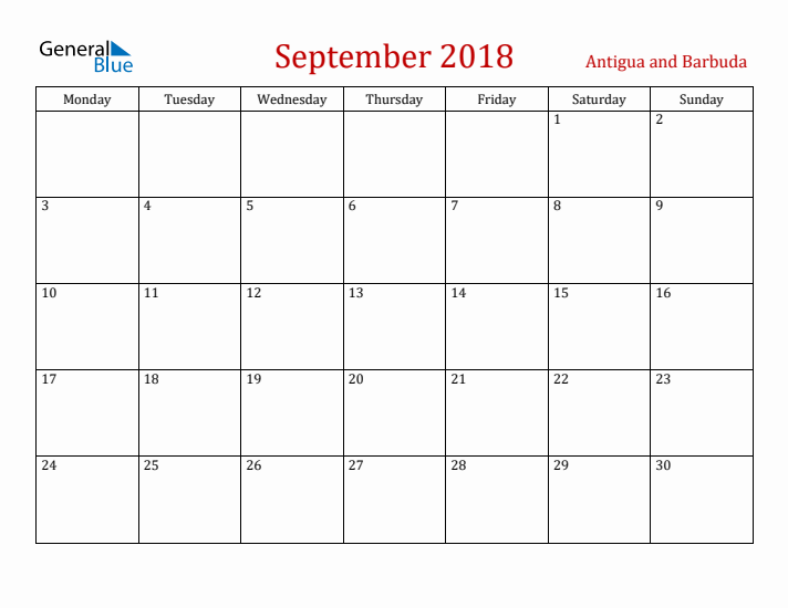 Antigua and Barbuda September 2018 Calendar - Monday Start