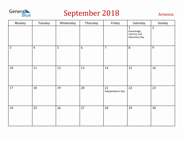 Armenia September 2018 Calendar - Monday Start