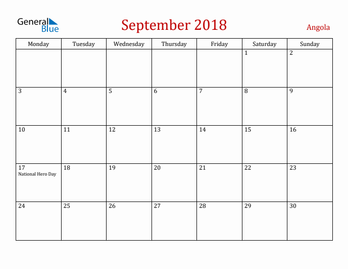 Angola September 2018 Calendar - Monday Start