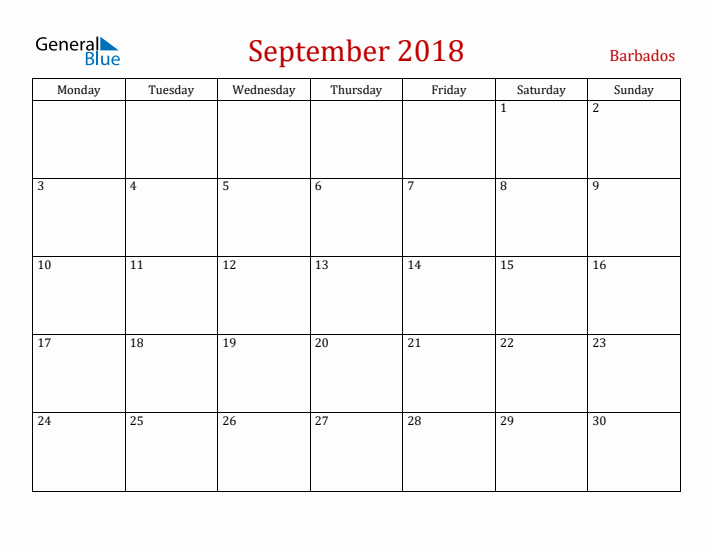 Barbados September 2018 Calendar - Monday Start