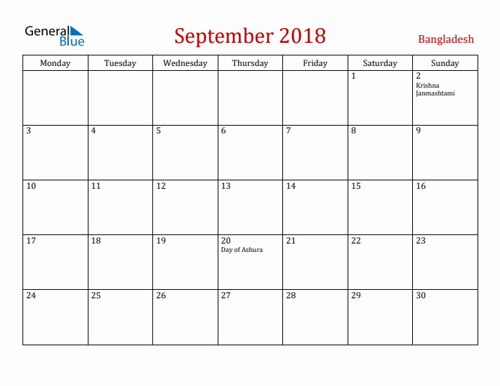 Bangladesh September 2018 Calendar - Monday Start