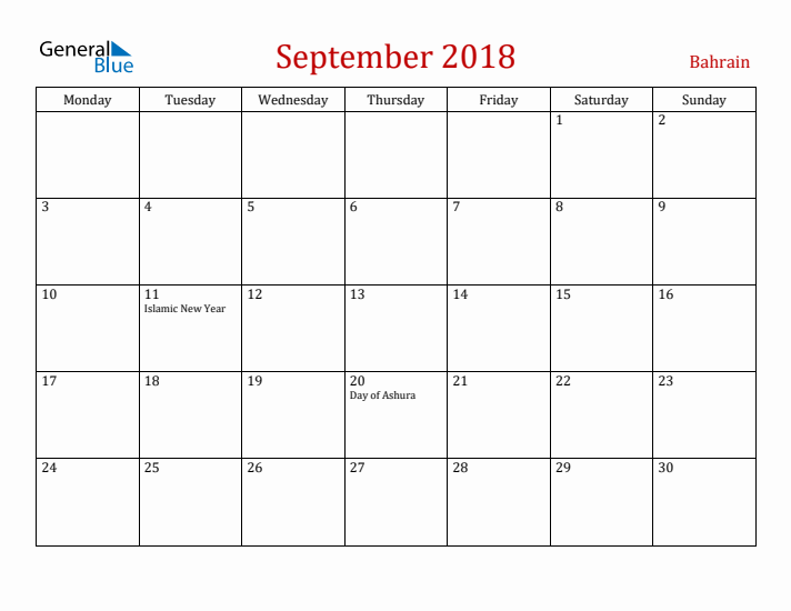Bahrain September 2018 Calendar - Monday Start
