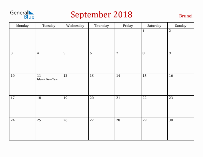 Brunei September 2018 Calendar - Monday Start