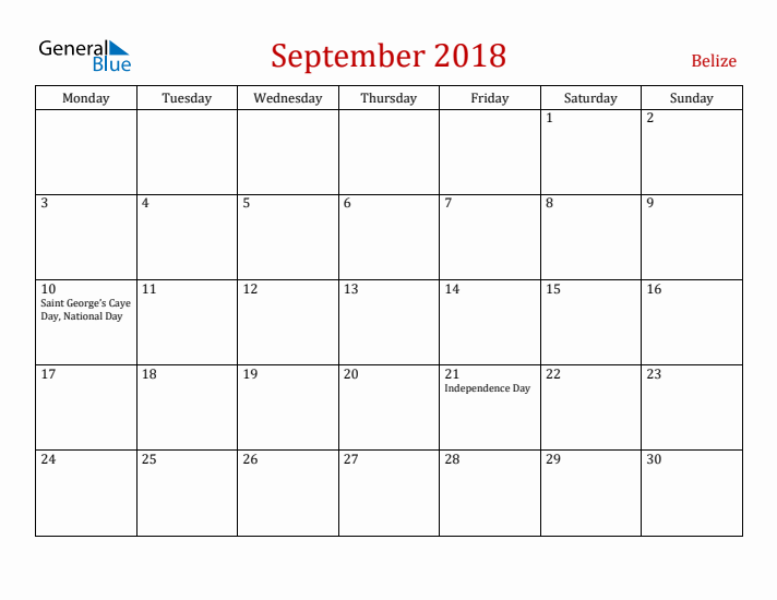 Belize September 2018 Calendar - Monday Start