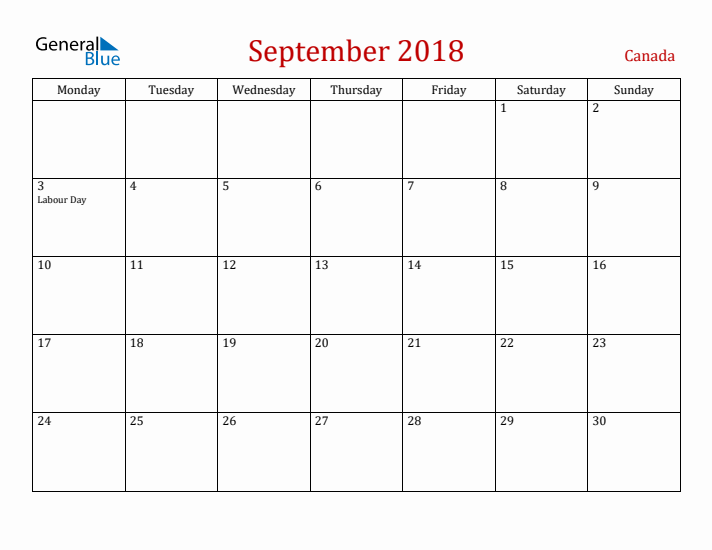 Canada September 2018 Calendar - Monday Start