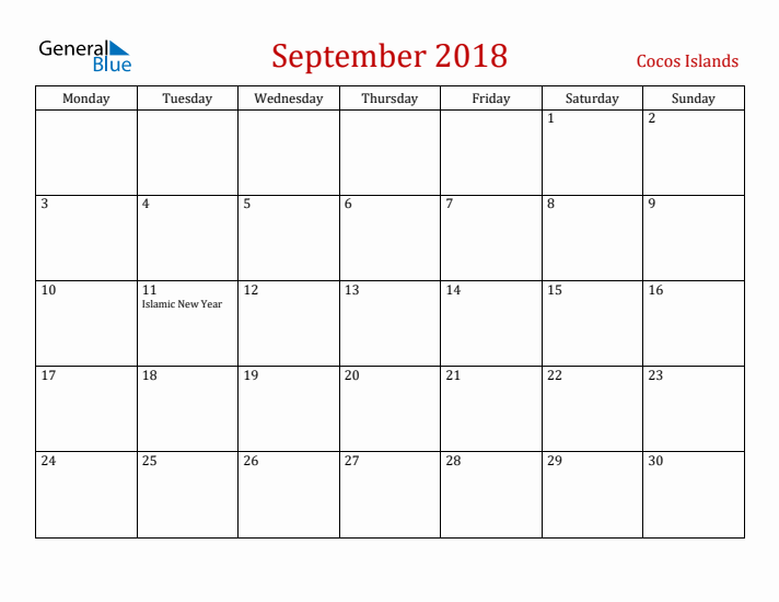 Cocos Islands September 2018 Calendar - Monday Start