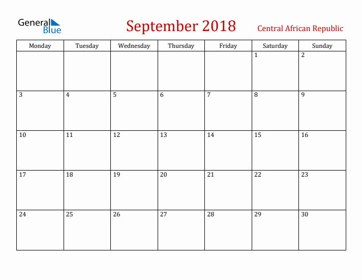 Central African Republic September 2018 Calendar - Monday Start