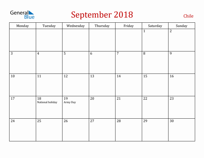 Chile September 2018 Calendar - Monday Start