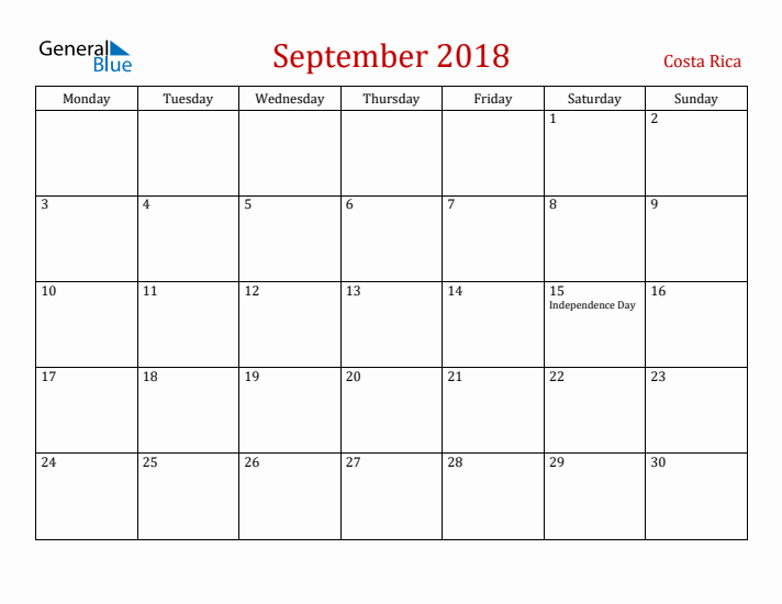 Costa Rica September 2018 Calendar - Monday Start