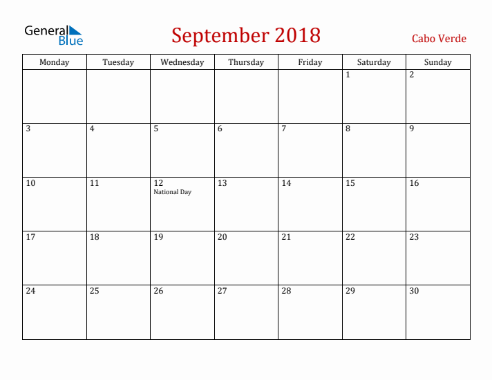 Cabo Verde September 2018 Calendar - Monday Start