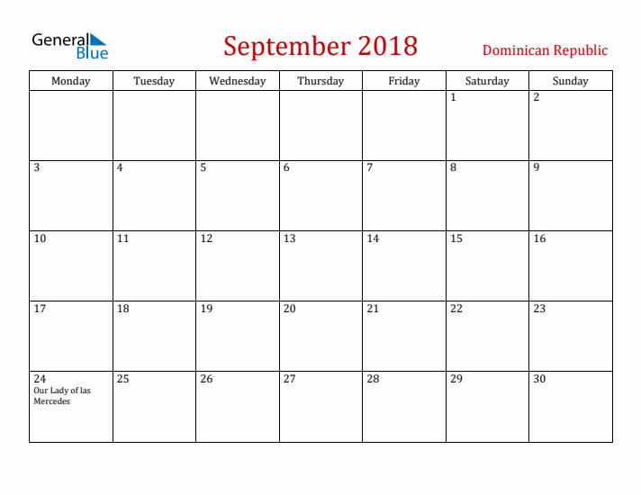 Dominican Republic September 2018 Calendar - Monday Start