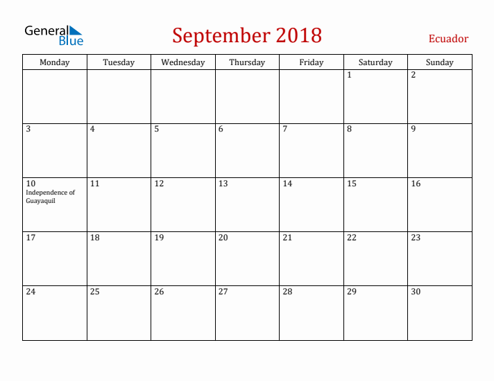 Ecuador September 2018 Calendar - Monday Start
