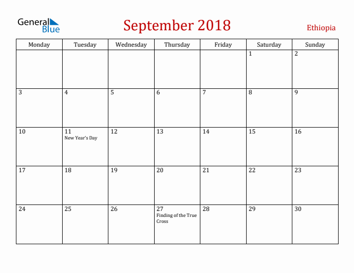 Ethiopia September 2018 Calendar - Monday Start