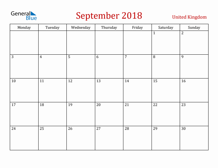 United Kingdom September 2018 Calendar - Monday Start