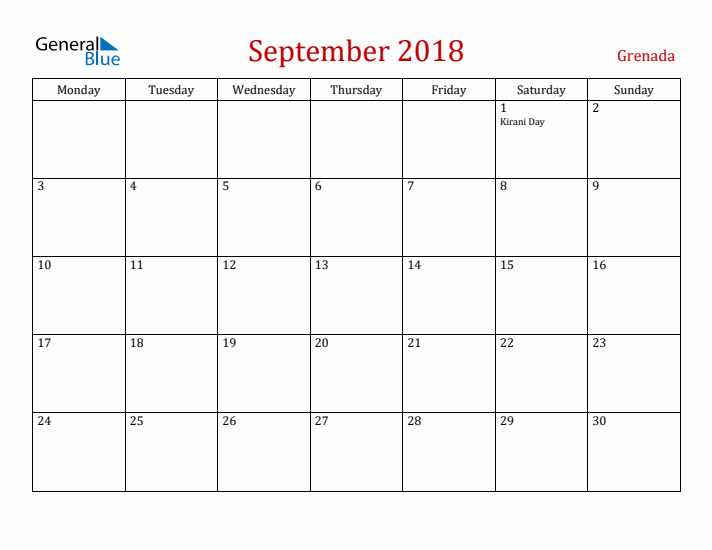 Grenada September 2018 Calendar - Monday Start