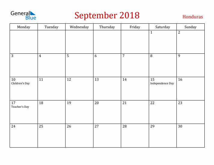 Honduras September 2018 Calendar - Monday Start