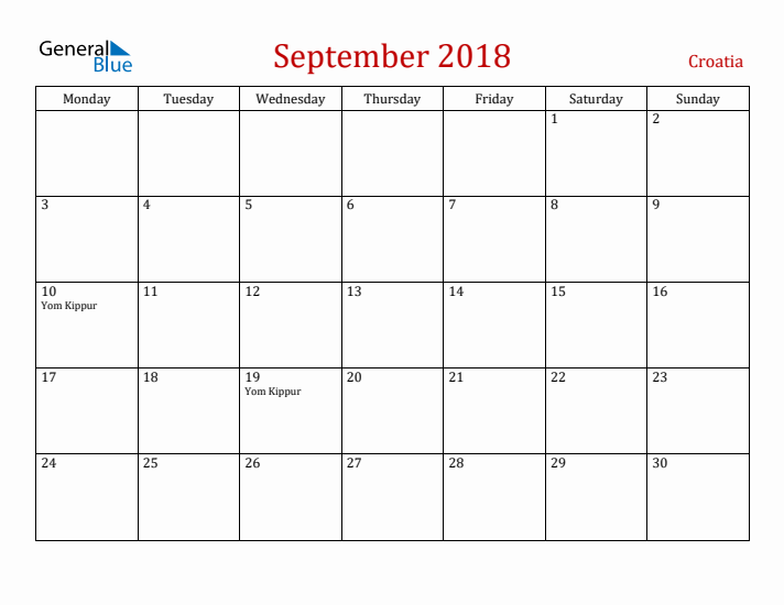Croatia September 2018 Calendar - Monday Start