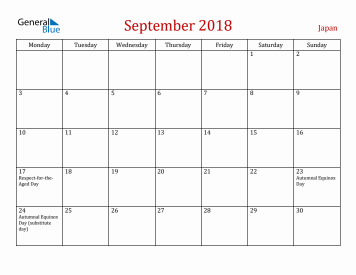 Japan September 2018 Calendar - Monday Start