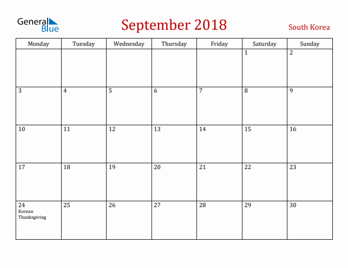 South Korea September 2018 Calendar - Monday Start