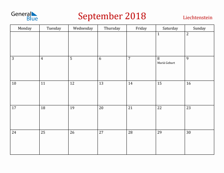 Liechtenstein September 2018 Calendar - Monday Start
