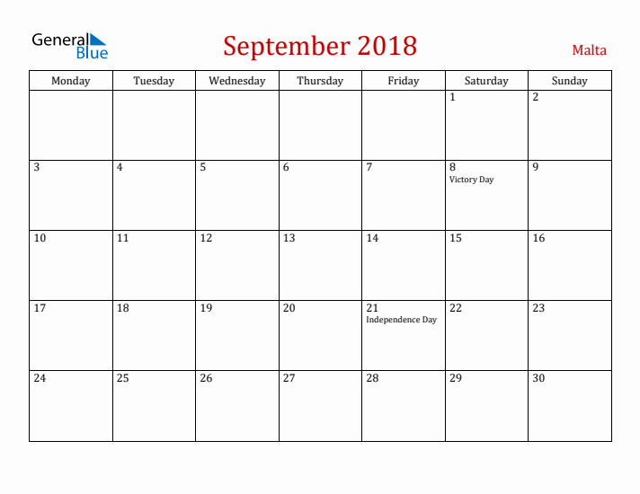 Malta September 2018 Calendar - Monday Start