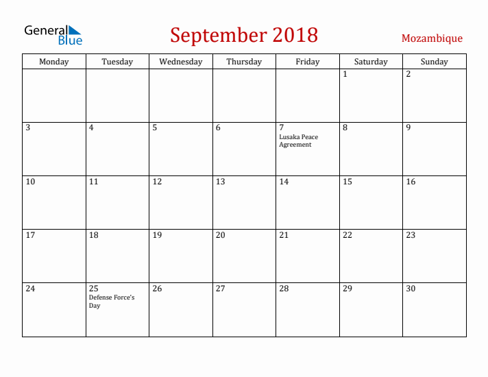 Mozambique September 2018 Calendar - Monday Start
