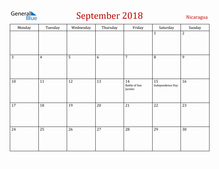 Nicaragua September 2018 Calendar - Monday Start