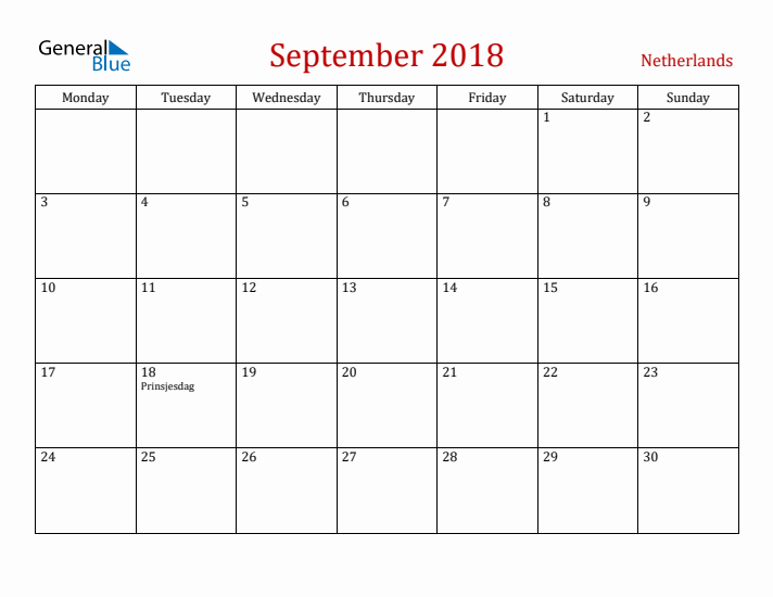 The Netherlands September 2018 Calendar - Monday Start