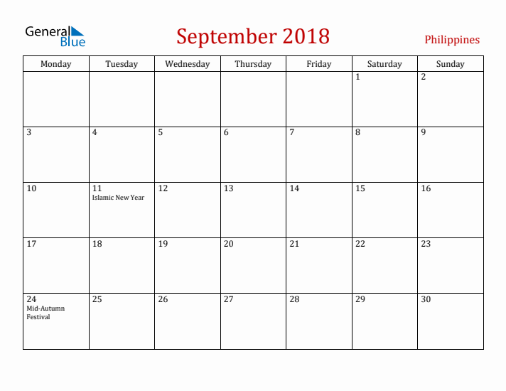 Philippines September 2018 Calendar - Monday Start