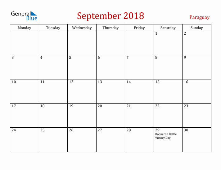 Paraguay September 2018 Calendar - Monday Start