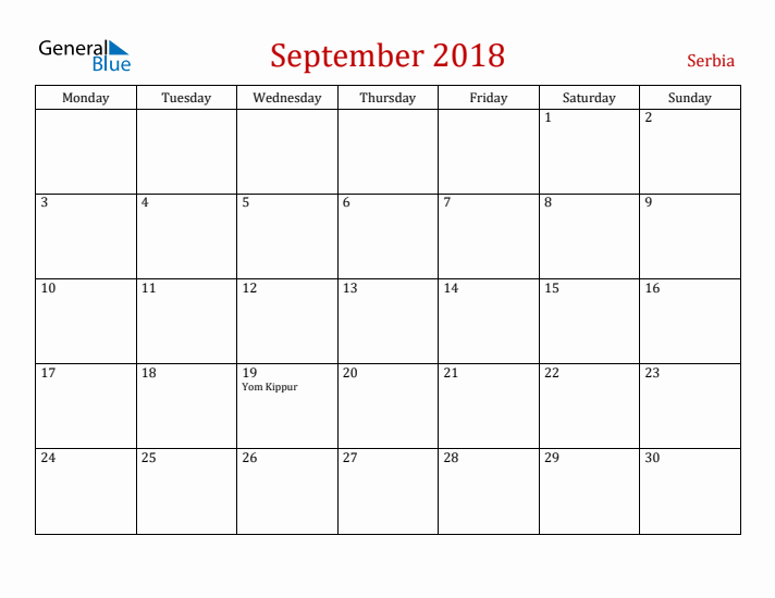 Serbia September 2018 Calendar - Monday Start