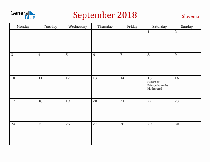 Slovenia September 2018 Calendar - Monday Start