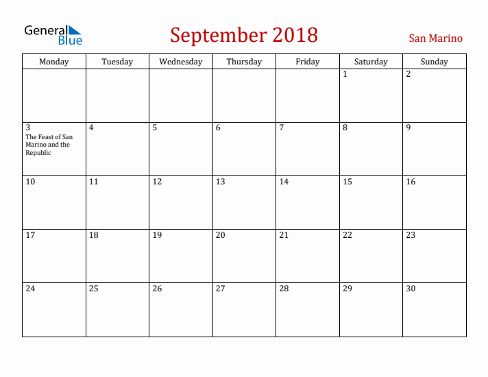 San Marino September 2018 Calendar - Monday Start