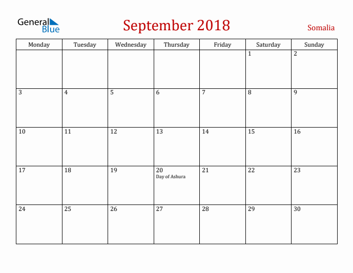 Somalia September 2018 Calendar - Monday Start