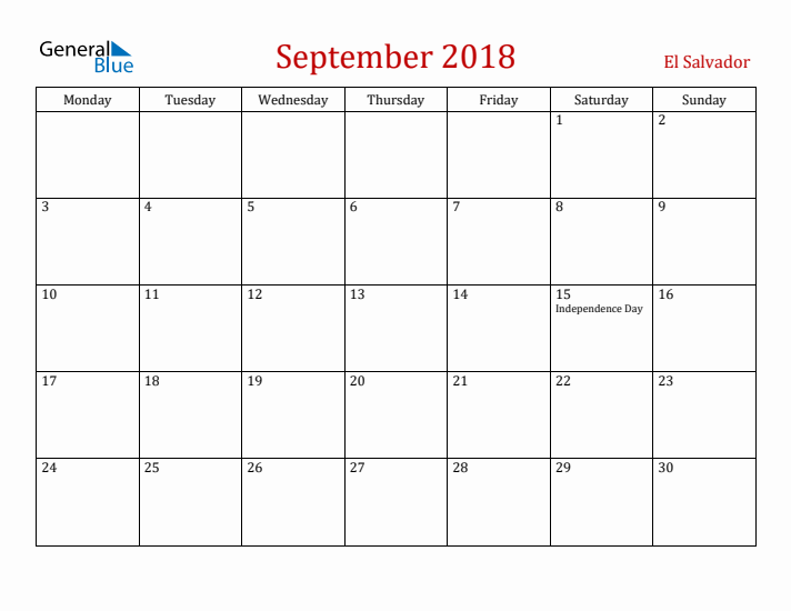 El Salvador September 2018 Calendar - Monday Start