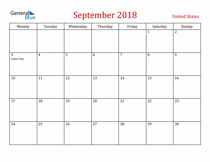 United States September 2018 Calendar - Monday Start