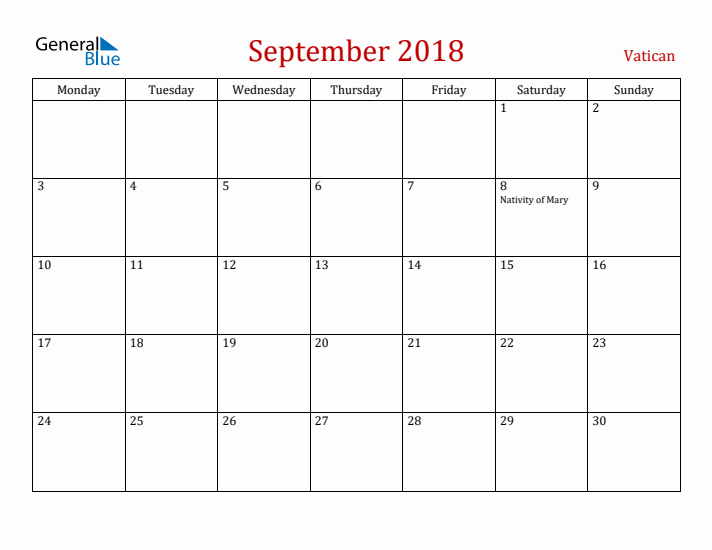 Vatican September 2018 Calendar - Monday Start