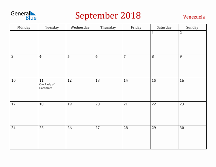 Venezuela September 2018 Calendar - Monday Start