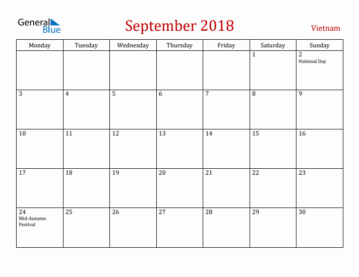 Vietnam September 2018 Calendar - Monday Start