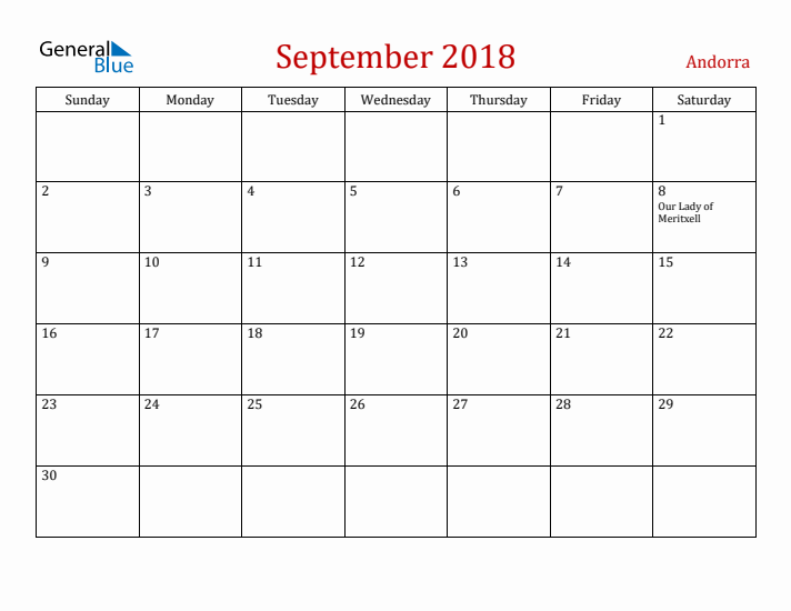 Andorra September 2018 Calendar - Sunday Start