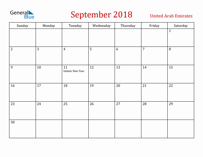 United Arab Emirates September 2018 Calendar - Sunday Start