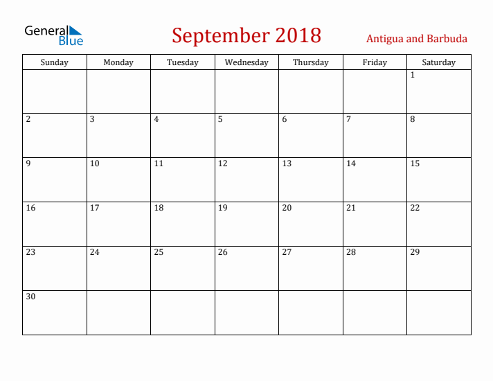 Antigua and Barbuda September 2018 Calendar - Sunday Start