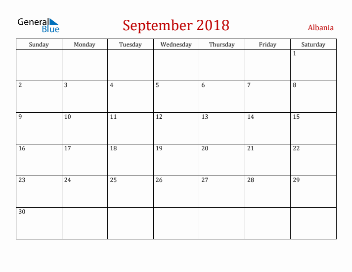 Albania September 2018 Calendar - Sunday Start