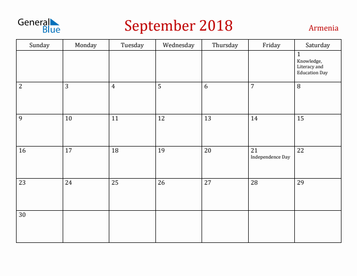 Armenia September 2018 Calendar - Sunday Start