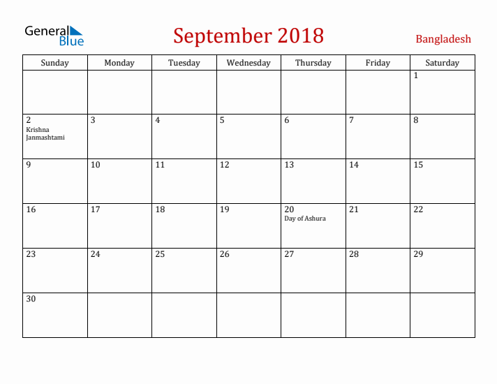Bangladesh September 2018 Calendar - Sunday Start