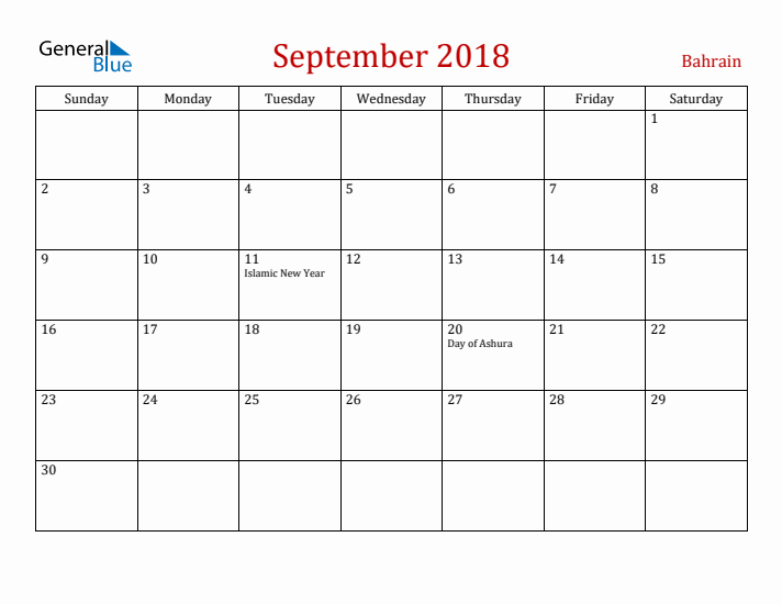 Bahrain September 2018 Calendar - Sunday Start