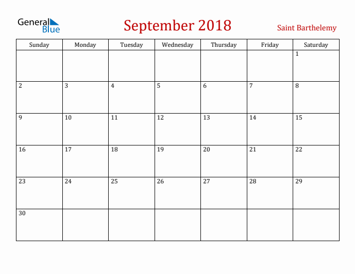 Saint Barthelemy September 2018 Calendar - Sunday Start
