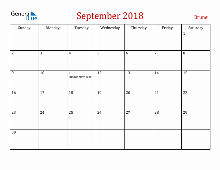 Brunei September 2018 Calendar - Sunday Start